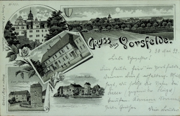 Moonlight Chromo-Litho Vorsfelde Wolfsburg, Domäne Neuhaus, Wolfsburg, Post Office, Nacke's Hotel, Panorama