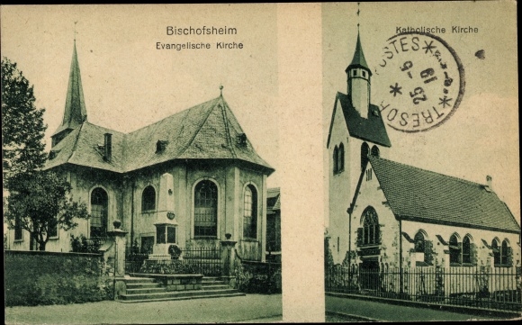 Postcard Bischofsheim Mainspitze Hesse, Ev. Church, Catholic Church