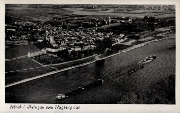Ak Erbach im Rheingau Eltville am Rhein Hessen, Luftaufnahme der Stadt, Rheingau, Rhein, Schiffe 