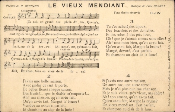 Song Postcard ''Le Vieux Mendiant'' by H. Bernard and music by Paul Delmet