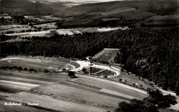 Picture Michelstadt in the Odenwald, panoramic view, stadium, nature, Black Forest, black and white photography