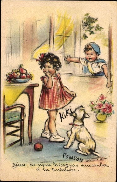 Artist Postcard Bouret, G. , Children at the Window, Dog