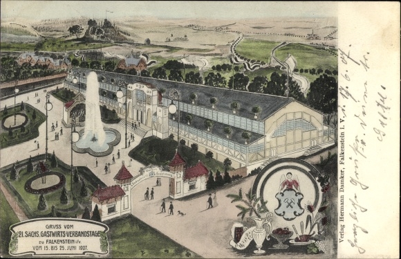 Künstler Ak Falkenstein im Vogtland Sachsen, 21. Sächs. Gastwirtsverbandstag 15-25. Juni 1907
