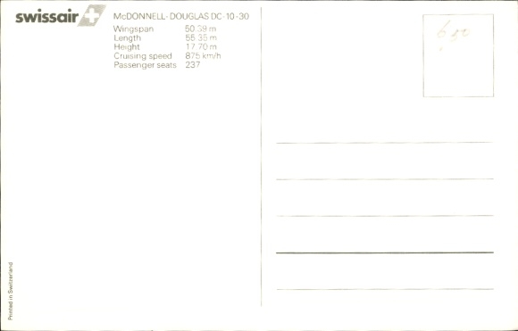 Postcard Swiss passenger aircraft of Swissair, McDonnell-Douglas DC-10-30