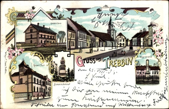 litho Trebbin in de wijk Teltow Fläming, oorlogsmonument, Bismarck-monument, ziekenhuis, kerk