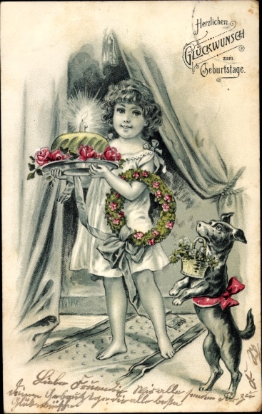 Chromo-Litho congratulations birthday, well wisher, cake, dog, flower wreath