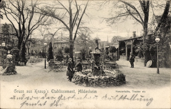 Postcard Hildesheim in Lower Saxony, fountain, garden, chairs, trees, people, Knaup's establishment