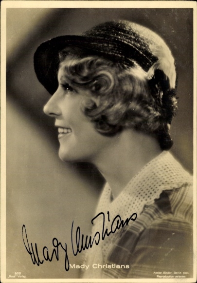 Postcard actress Mady Christians, profile view, autograph, hat