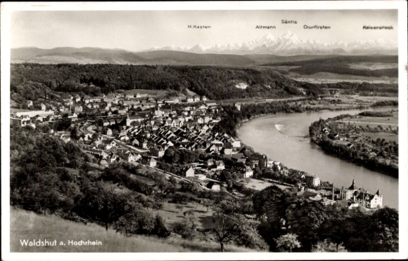 Postcard Waldshut Tiengen am Hochrhein, panorama of the village with view to the Altmann