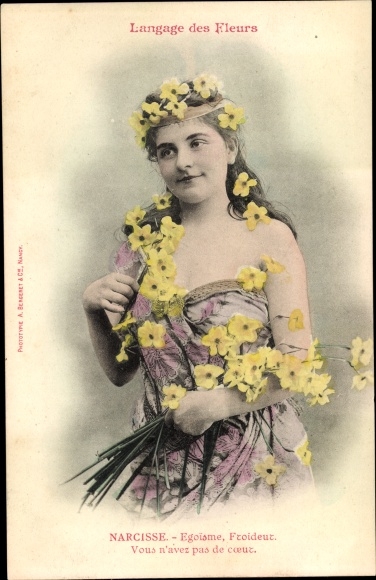 Postcard Flower Language, Narcissus, Narzissen, Blumensprache, Frau