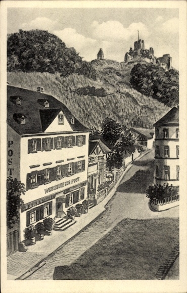 Ak Bernkastel an der Mosel, Vorderansicht eines Gasthofs, Burg im Hintergrund, ländliche Szene