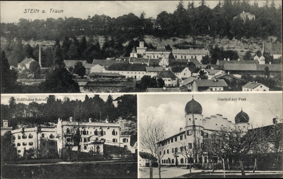 Postcard Stein Traunreut in the Traunstein district of Upper Bavaria, Gasthof zur Post, castle, panorama of the town