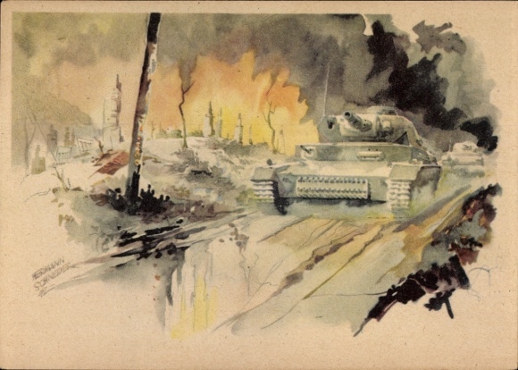 Artist Postcard Schneider, H., The attack continues, Wehrmacht, Panzer IV, Russian campaign, II WW