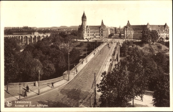 Postcard Luxembourg, Avenue and the Adolphe Bridge, Pont Adolphe