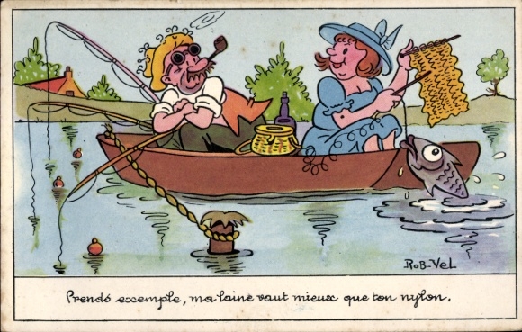 Kunstenaarskaart Velter, Robert, vrouw ving een vis met breigaren, visser