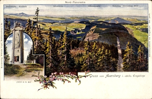 Postcard Wildenthal Eibenstock in the Ore Mountains, Auersberg, Kuhberg, Steinberg, observation tower