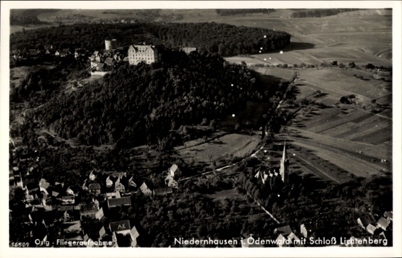 Postcard Niedernhausen Fischbachtal in the Odenwald, aerial photograph, Lichtenberg Castle