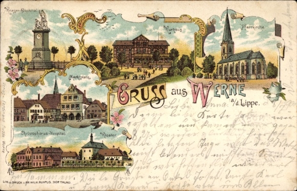 Chromo-Litho Werne an der Lippe Westphalia, war memorial, market square, spa house, monastery, parish church