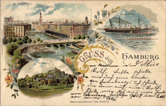 Litho Hamburg Blankenese, Gesamtansicht, Alster Arcarden, Blankenese, Schiffe