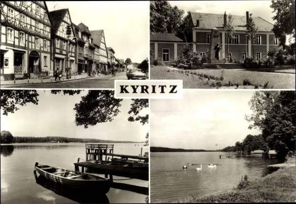 Postcard Kyritz in der Prignitz, street section, half-timbered houses, monument, jetty, swans
