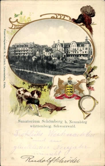 Embossed coat of arms passepartout PC Schömberg near Neuenbürg in the Black Forest Württemberg, Sanatorium