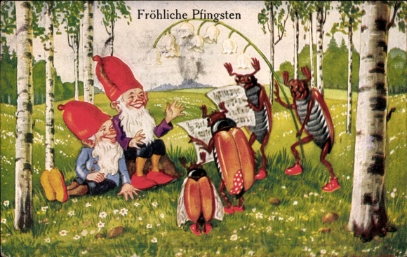 Postcard congratulations Pentecost, singing cockchafers, dwarfs, birch trees