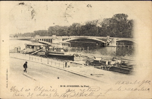 Ak Suresnes Hauts de Seine, Brücke, Fluss, Schiffe, Spaziergänger