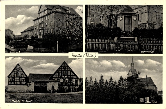 Ak Rositz in het Altenburger Land Thüringen, school, monument, Köhlers Gut, kerk