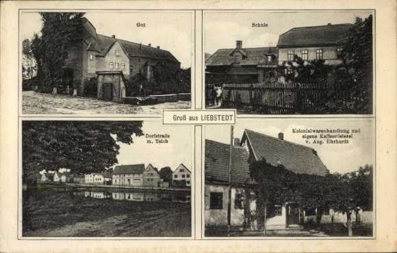 Ak Liebstedt Ilmtal Weinstraße Weimarer Land, Schloss, Kaffeerösterei, Schule, Dorfstr. mit Teich