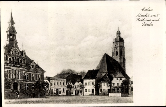 Ak Calau in Neder-Lausitz, markt met stadhuis en kerk