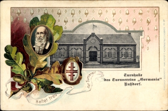 Passepartout Postcard Rußdorf Limbach Oberfrohna Saxony, gymnasium Turnverein Germania, Jahn