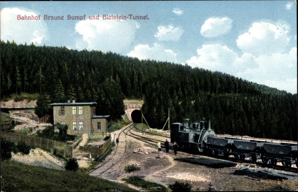 Postcard Blankenburg am Harz, Braune Sumpf station and Bielstein tunnel, Harz cog railway