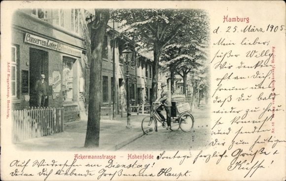 Postcard Hamburg Nord Eppendorf, canned lantern, Ackermannstraße, cyclists, trees