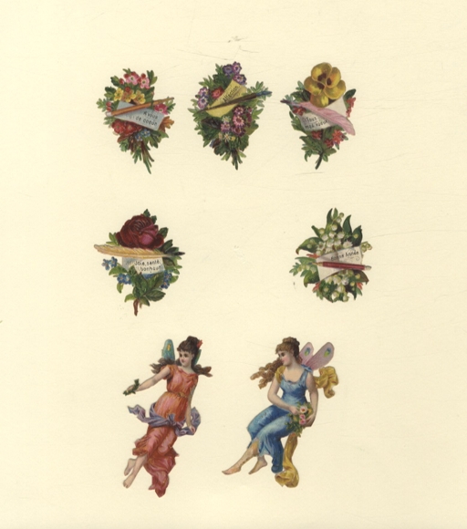 7 Oblaten Blumenbouquets mit Grußbotschaften, Elfen, ca. 4,5 x 4 cm und 7 x 4 cm