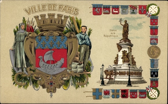 Wapenschild in reliëf litho Paris III, Ville de Paris, Statue de la Republique