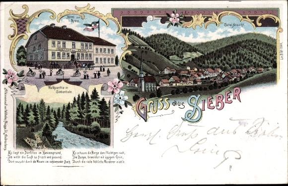 litho Sieber Herzberg am Harz in Nedersaksen, Hotel zur Krone, Siebertal, totaaloverzicht