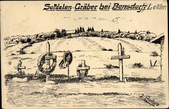 Künstler Ak Becher, J., Bénestroff Bensdorf Lothringen Moselle, Soldatengräber