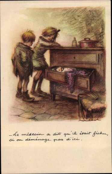Artist Postcard Poulbot, Franciscque, Baby im Schubkasten, The doctor said he was done for