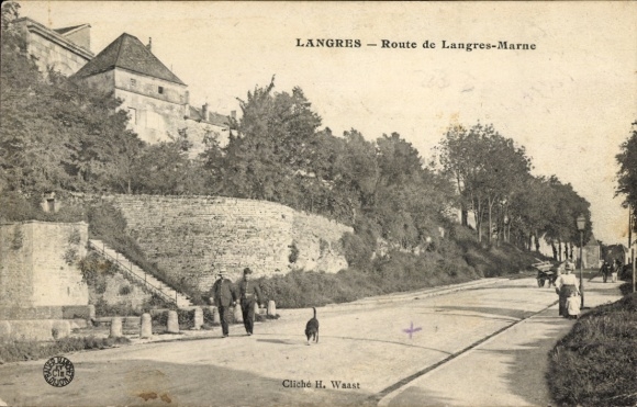 KP Langres Haute Marne, Route de Langres-Marne, pies na drodze, dwie osoby, krajobraz