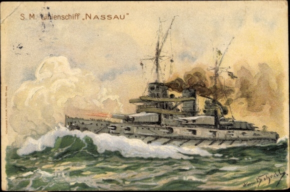 Artist Postcard Bohrdt, Hans, SM Battleship Nassau, Imperial Navy