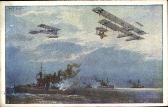 Künstler Ak Schulze, Hans Rudolf, Wasserflugzeuge über der englischen Flotte, I. WK