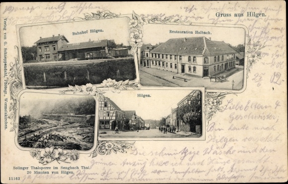 Ak Hilgen Burscheid im Rheinisch Bergischen Kreis, Restaurations Halbach, Bahnhof, Straßenpartie
