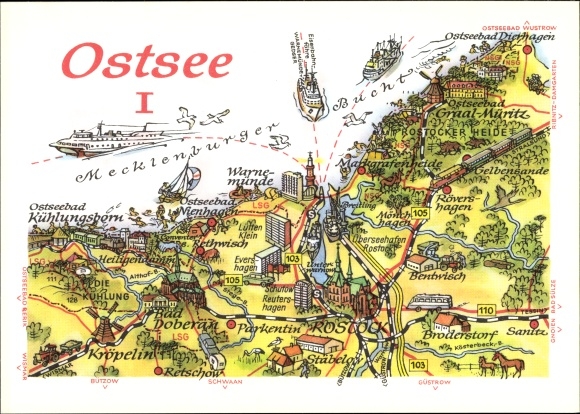 Maps Postcard Baltic resort Warnemünde Rostock, Graal-Müritz, Kuehlungsborn, Dierhagen, Bad Doberan