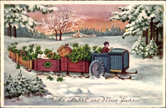 Postcard Happy New Year, sleigh, clover