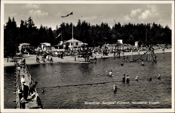 Ak Neustädtel Schneeberg im Erzgebirge, Strandbad Bergsee Filzteich