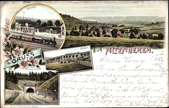 Chromo-Litho Altenbeken in Westphalia, railway station, track side, tunnel, viaduct, view of the town