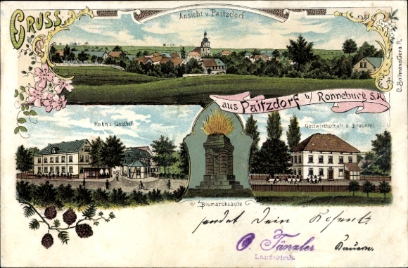 Chromo-Litho Paitzdorf in Thuringia, general view, Hahn's Gasthof, Bismarck Column, Brewery