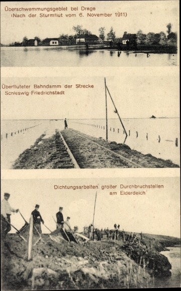 Ak Drage in Noord-Friesland, overstroming na stormvloed in 1911, spoordijk, afdichtingswerkzaamheden