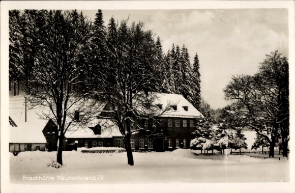 Ak Rautenkranz in Vogtland, winterzicht, Gasthof Frischhütte