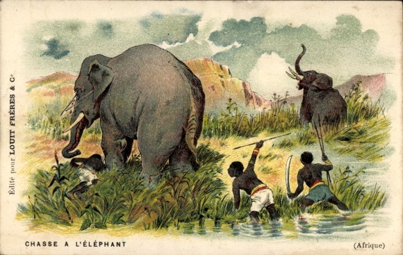 Ak Afrika, Elefantenjagd, Jagdszene, Werbung, Chocolat Louit